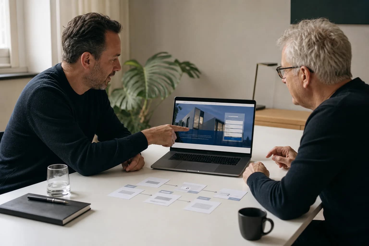 Kunde und Berater besprechen Website und Anfrageweg